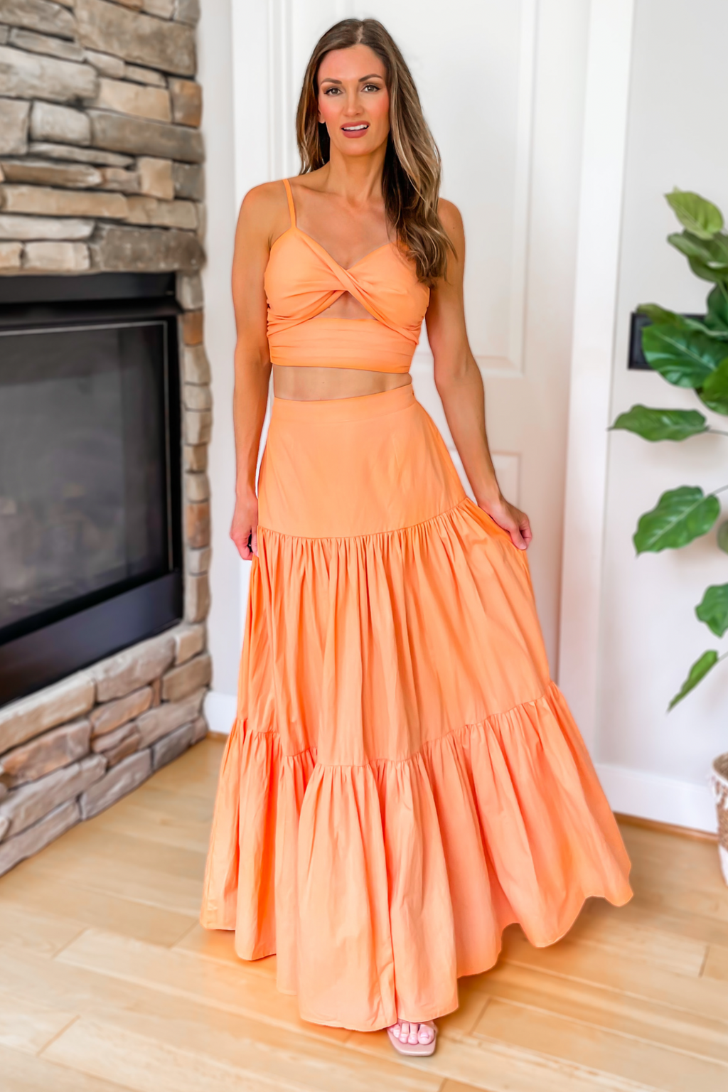 Orange flowy maxi skirt online