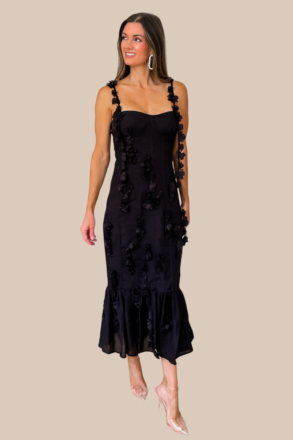 Enchanted Moment Floral Applique Midi Dress - Black