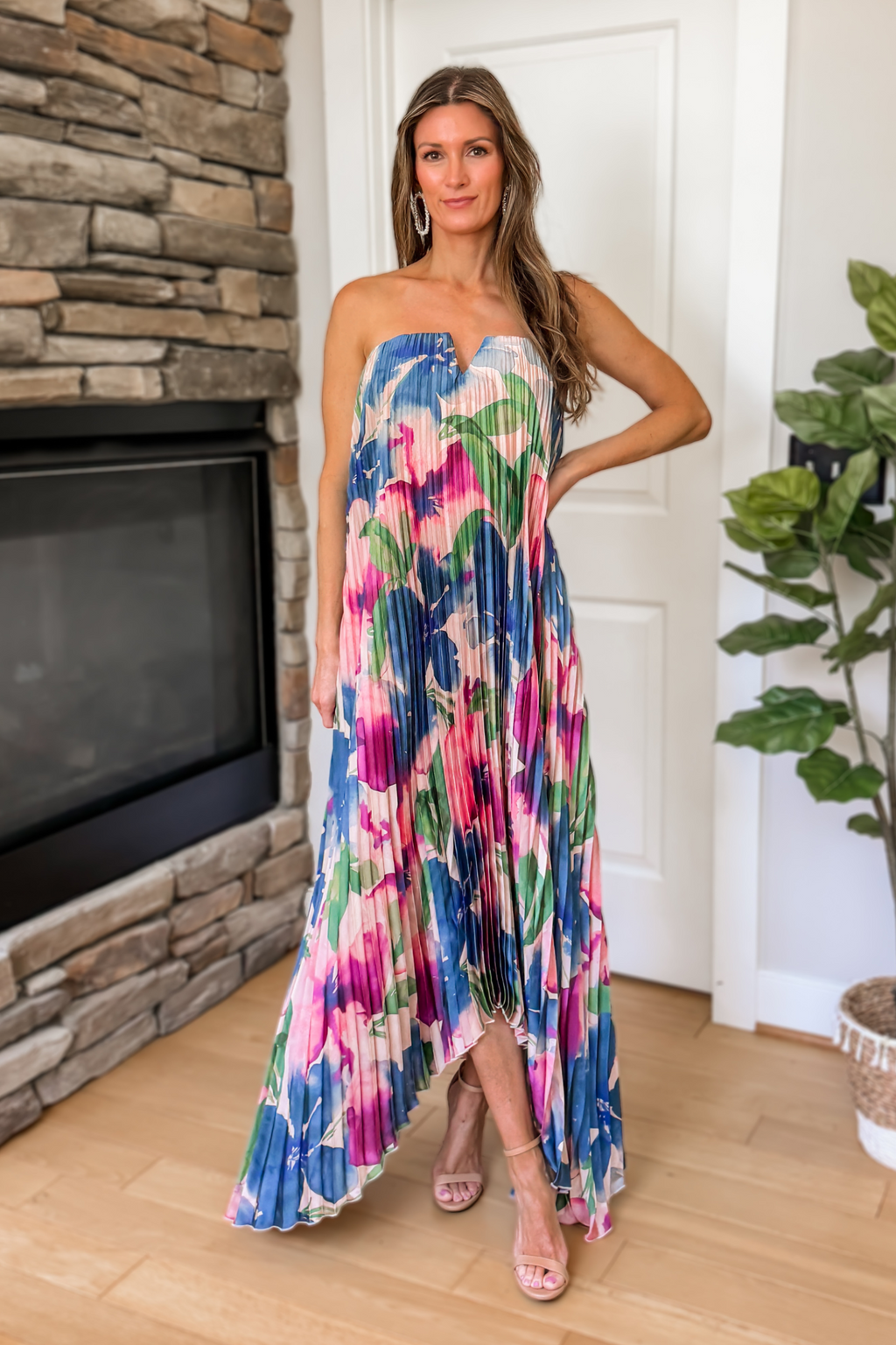 colorful summer maxi dresses Palm Paradise Pleated Floral Satin Dress – Blue Multi 672620776786 Stacees 2026 A-line V Colorful Boho Dress Discover Color:As Photo-Lake Blue