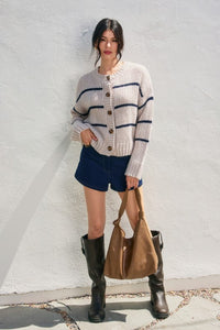 Millie Striped Button Down Cardigan – Grey and Blue