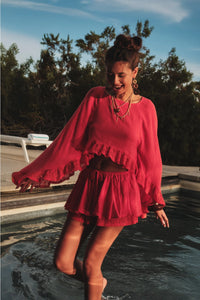 Sunset Escape Lace Ruffle Hem Top - Coral