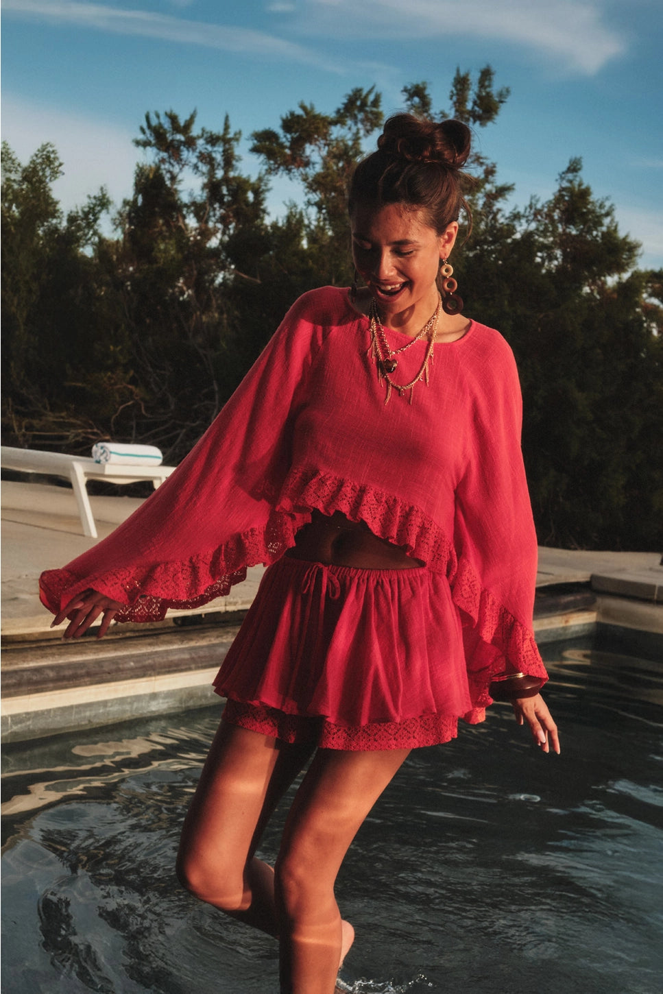 Sunset Escape Lace Ruffle Hem Top - Coral