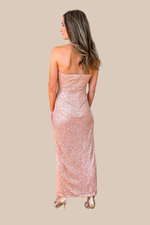 Talk Of The Party Deep Sweetheart Strapless Sequin Maxi Dress - Rose Gold