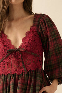 PREORDER - Delilah Plaid and Lace Bubble Mini Dress - Burgundy (SHIPS BY 11/26)
