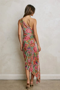 Romantic Garden One Shoulder Asymmetrical Maxi Dress - Green Multi