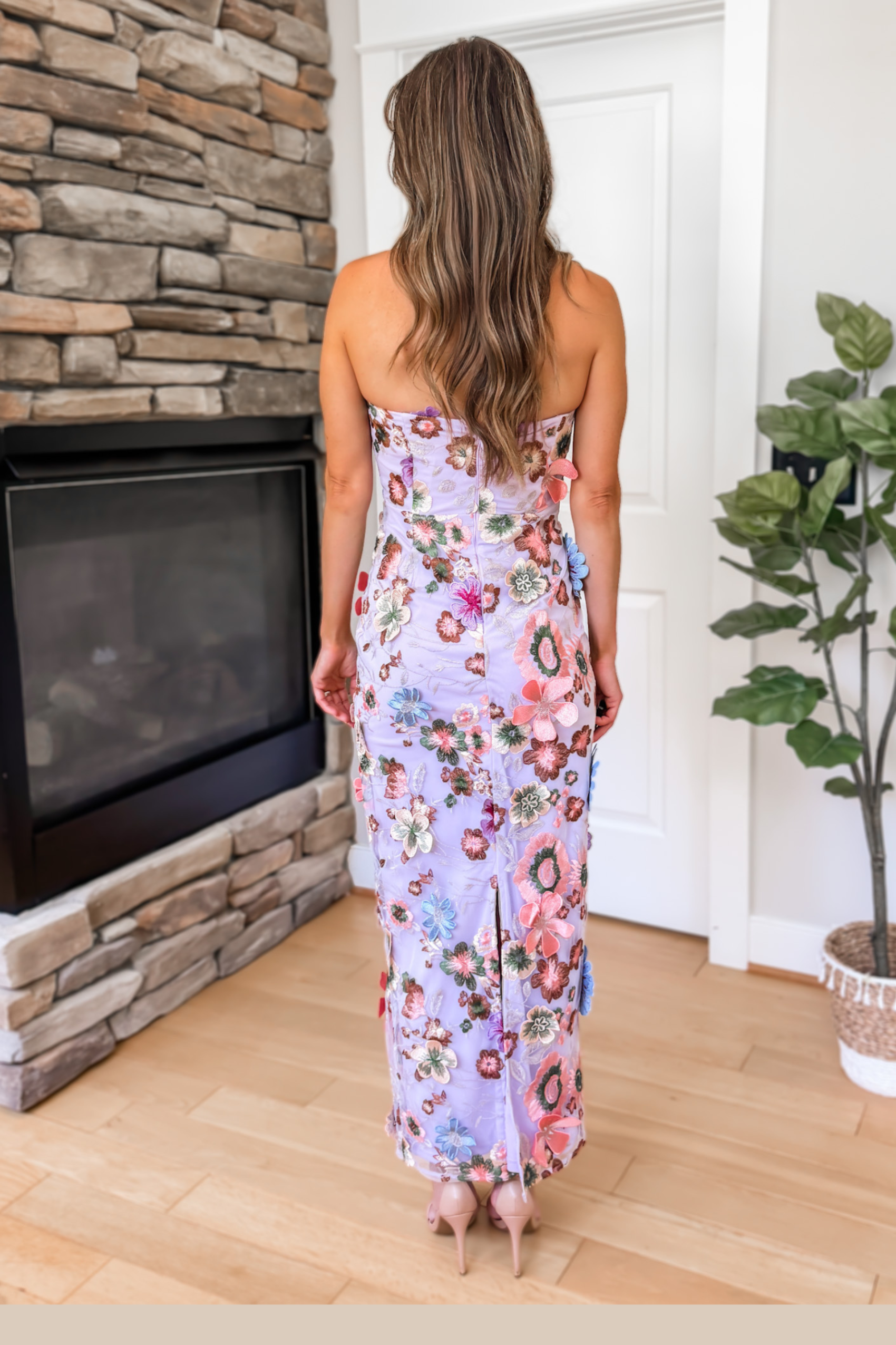 Enchanted Petals Floral Applique Midi Dress - Lilac
