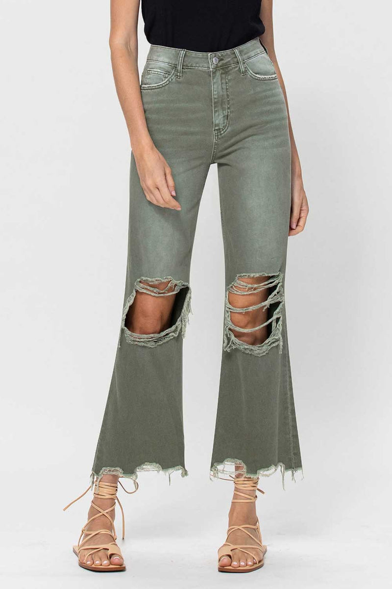 Happy Place 90's Crop Flare Jeans - Army Green - SALE