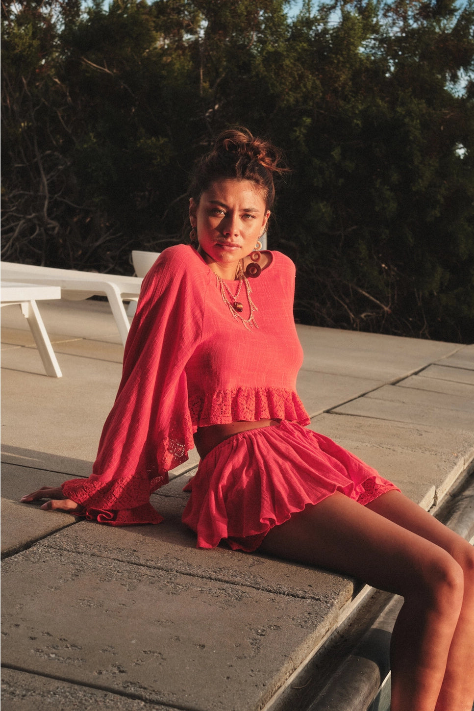 Sunset Escape Lace Ruffle Hem Top - Coral