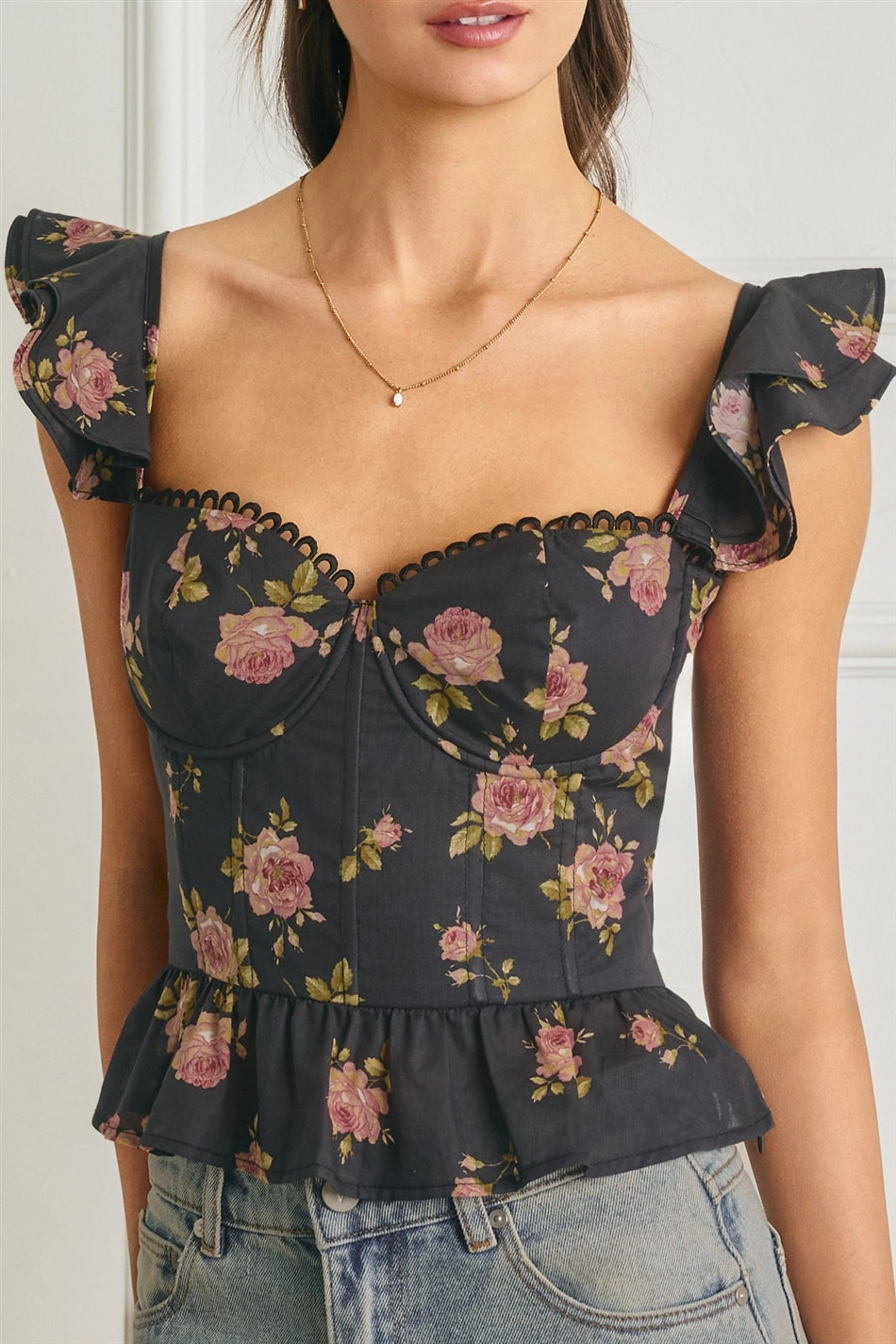 Greer Floral Corset Peplum Top - Black