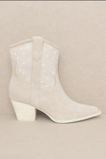 Cannes Pearl Studded Western Boot - Light Grey