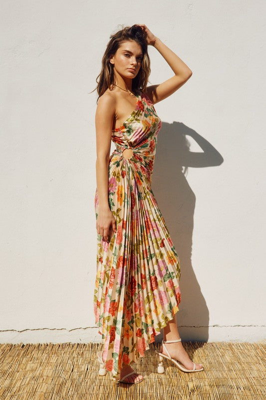 Romantic Garden One Shoulder Asymmetrical Maxi Dress