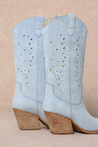 Olivia Laser Cut Western Boot - Light Blue Suede