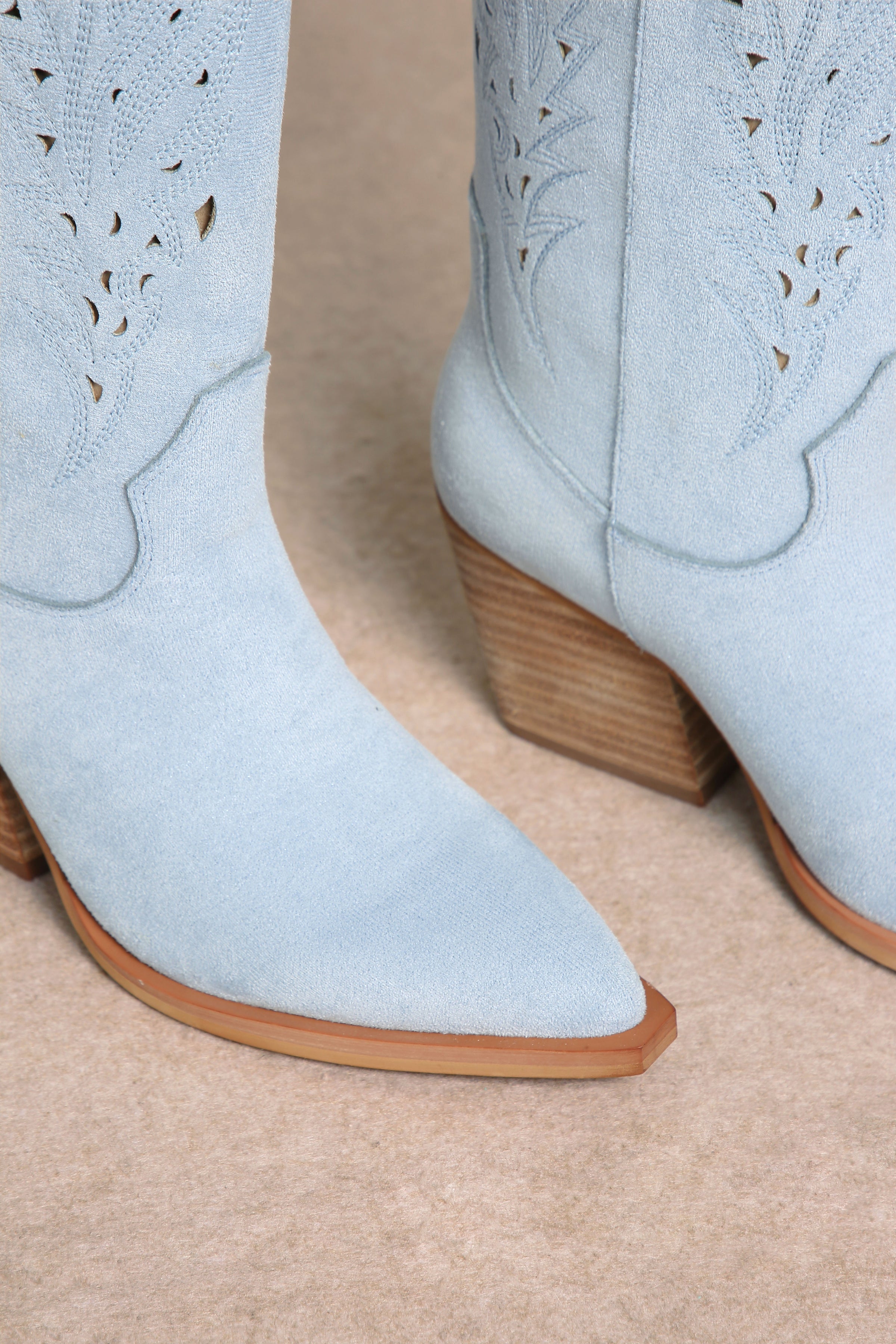 Olivia Laser Cut Western Boot - Light Blue Suede