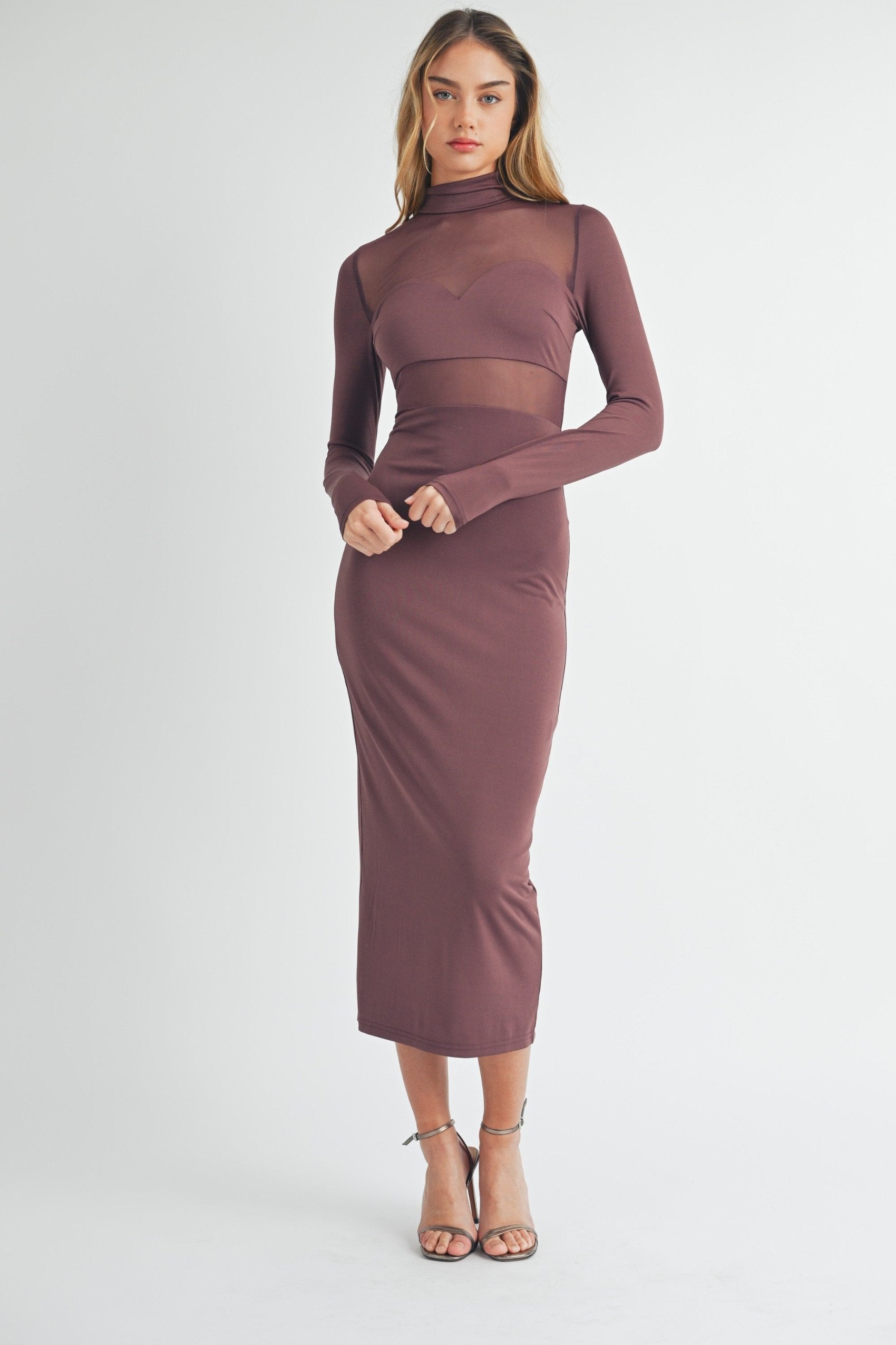 Sabrina Mock Neck Mesh Bodycon Midi Dress - Dark Plum Small Sabrina Mock Neck Mesh Bodycon Midi Dress - Dark Plum Small