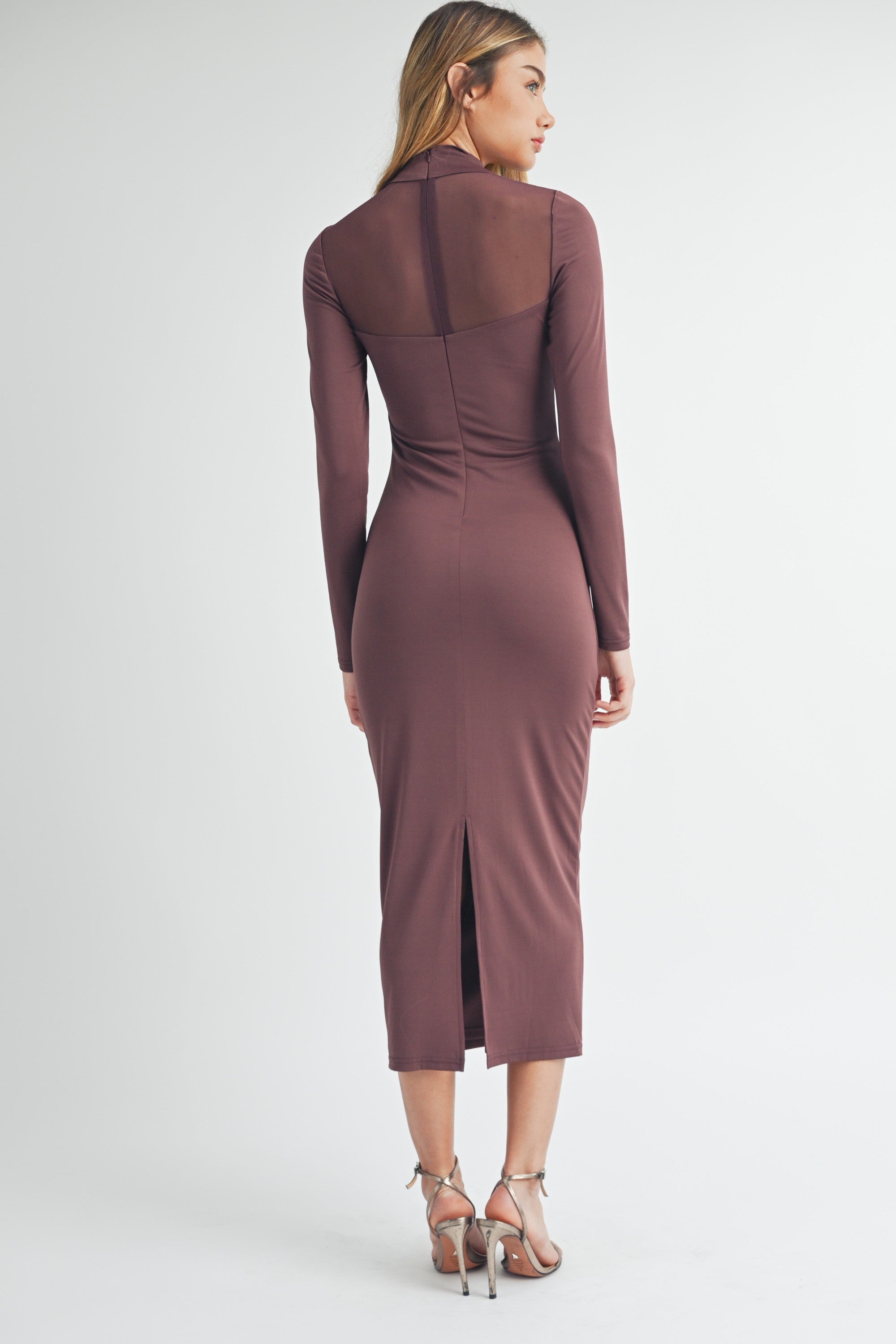 Sabrina Mock Neck Mesh Bodycon Midi Dress - Dark Plum Small Sabrina Mock Neck Mesh Bodycon Midi Dress - Dark Plum Small