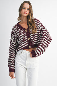 Peyton Contrast Stripe Knit Cardigan - Burgundy and White