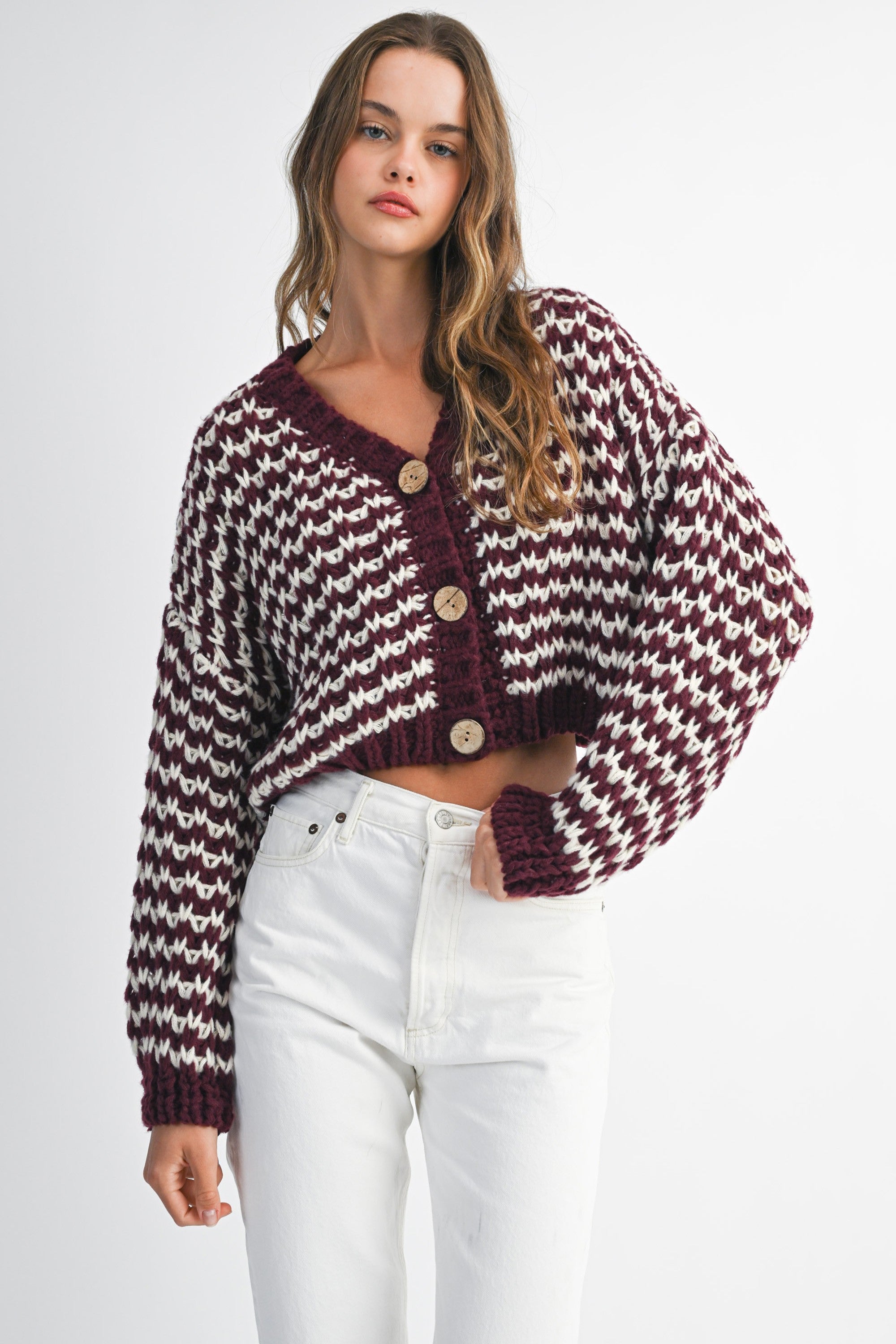 Peyton Contrast Stripe Knit Cardigan - Burgundy and White