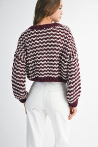 Peyton Contrast Stripe Knit Cardigan - Burgundy and White