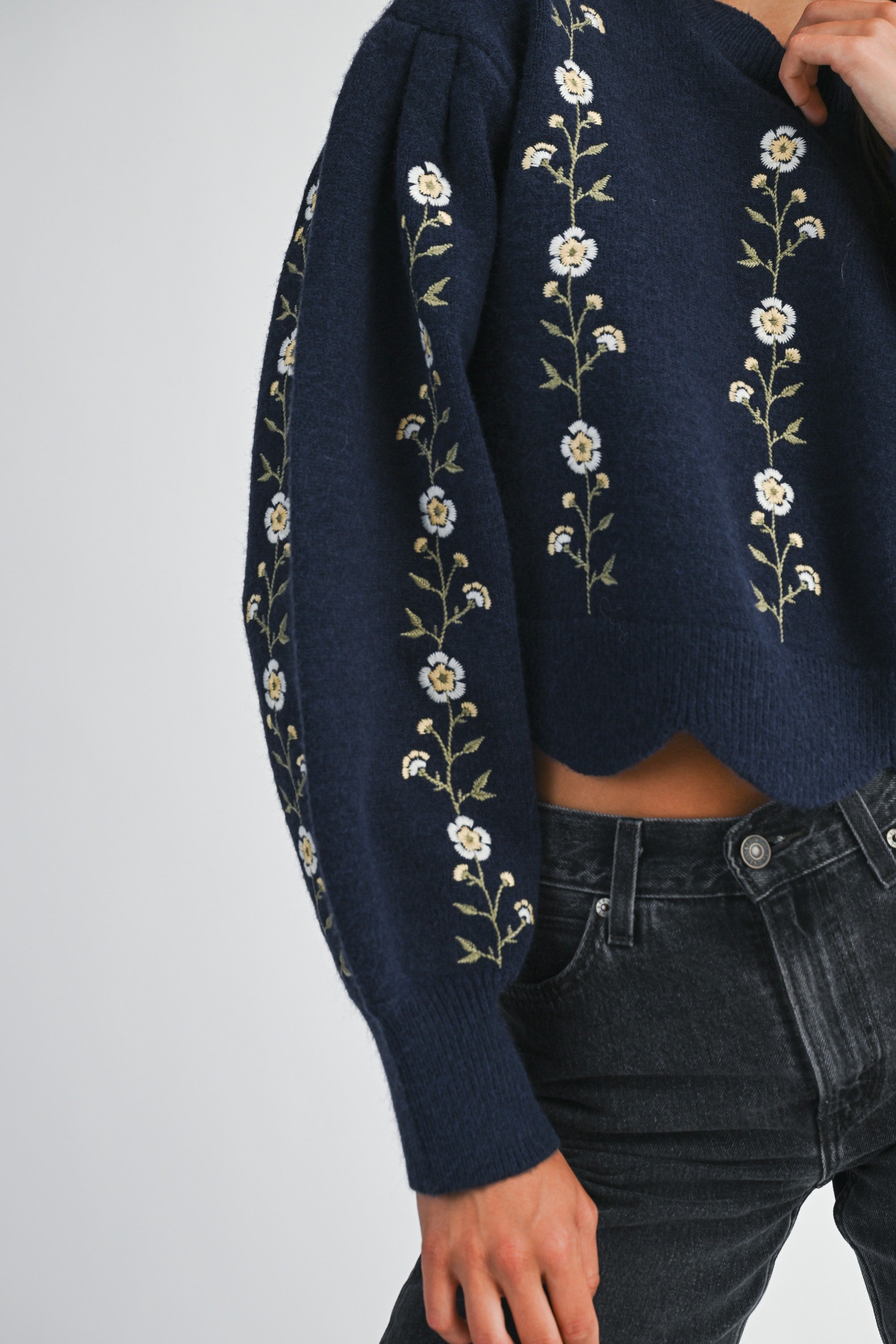 Lola Floral Embroidered Scalloped Knit Sweater - Navy
