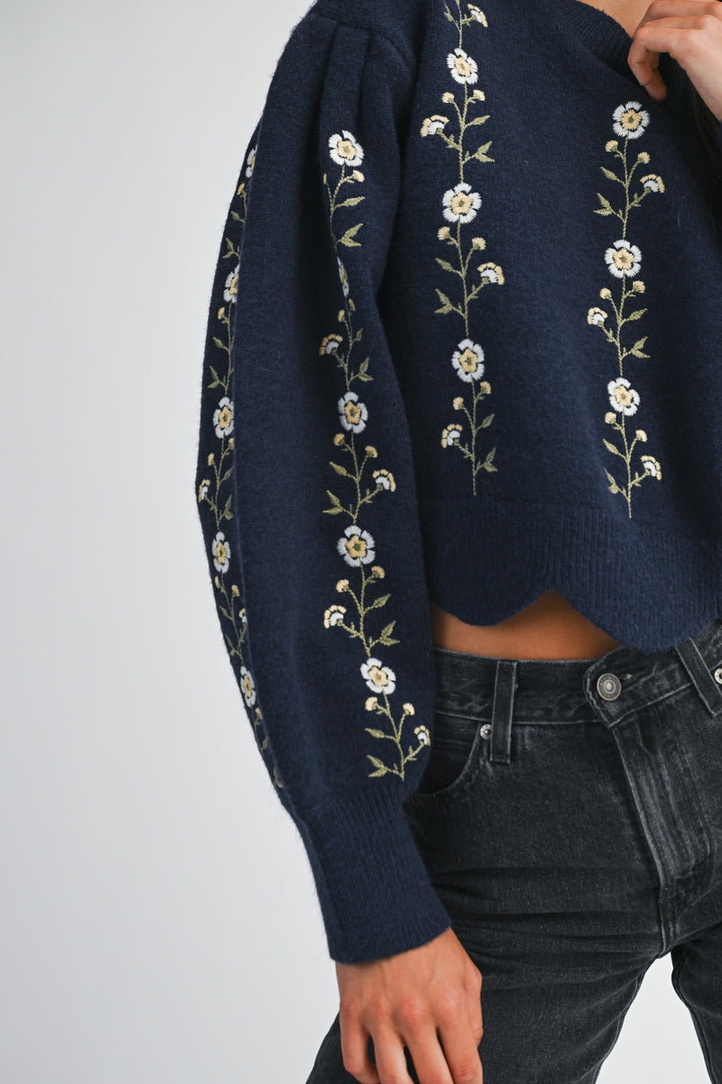 Lola Floral Embroidered Scalloped Knit Sweater - Navy