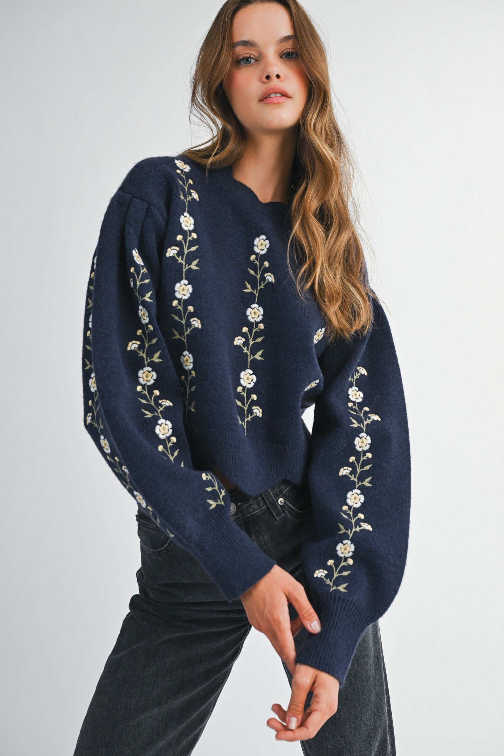 Lola Floral Embroidered Scalloped Knit Sweater - Navy