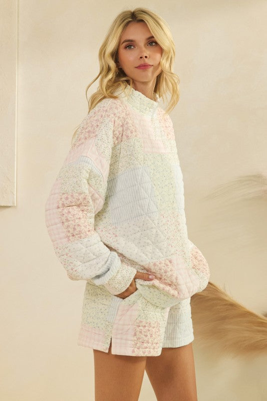 Cozy Quilted Pastel Mock Neck Sweatshirt