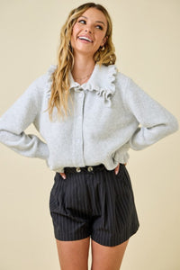 Ruffle Collar Cardigan Sweater - Heather Grey