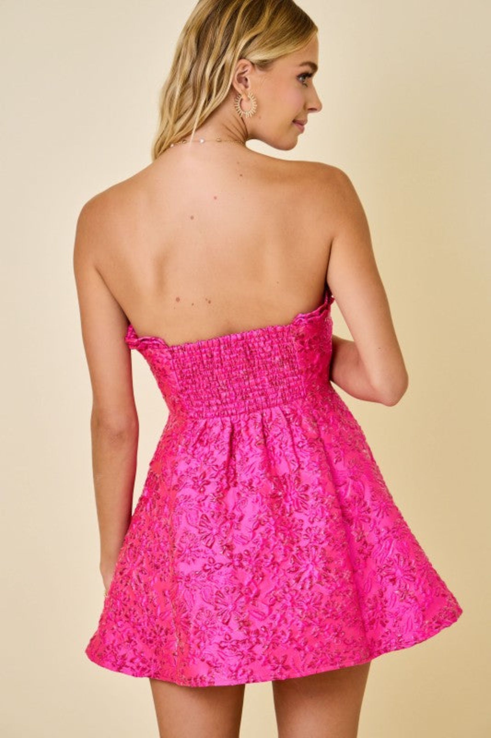 pink jacquard floral mini dress Pink and Gold Floral Jacquard Corset Mini Dress 52229