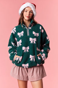 Merry Bows Sherpa Half Zip Pullover - Green and Pink