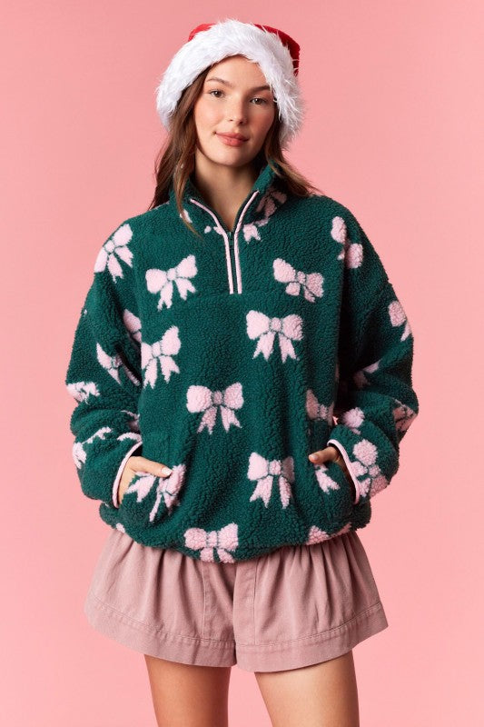 Merry Bows Sherpa Half Zip Pullover - Green and Pink
