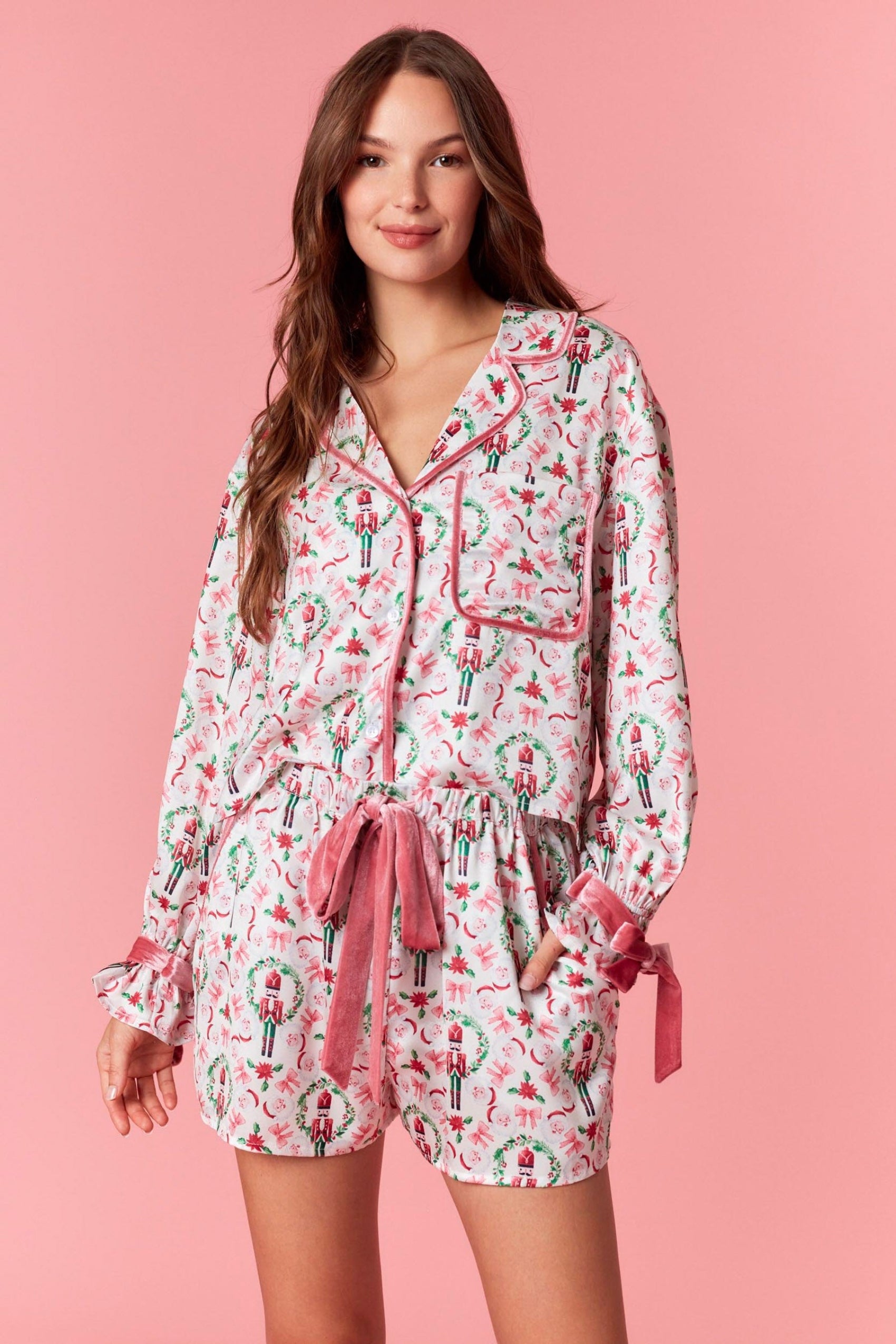 Pink Santa, Nutcracker, and Bows Satin Pajama Set