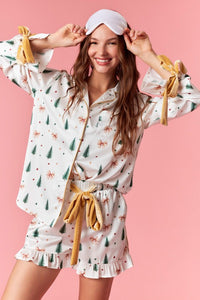 Christmas Tree and Bows Satin Pajama Set - Off White and Gold