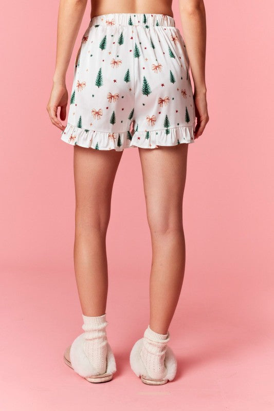 Christmas Tree and Bows Satin Pajama Set - Off White and Gold