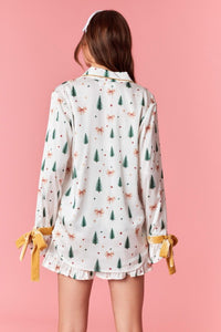Christmas Tree and Bows Satin Pajama Set - Off White and Gold