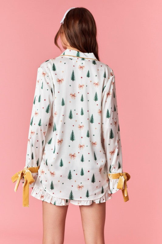 Christmas Tree and Bows Satin Pajama Set - Off White and Gold