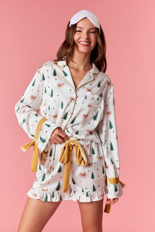 Christmas Tree and Bows Satin Pajama Set - Off White and Gold