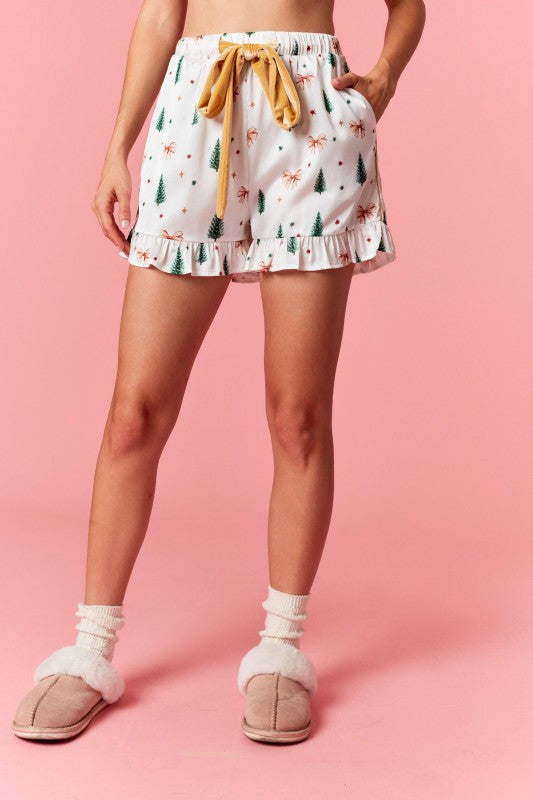 Christmas Tree and Bows Satin Pajama Set - Off White and Gold