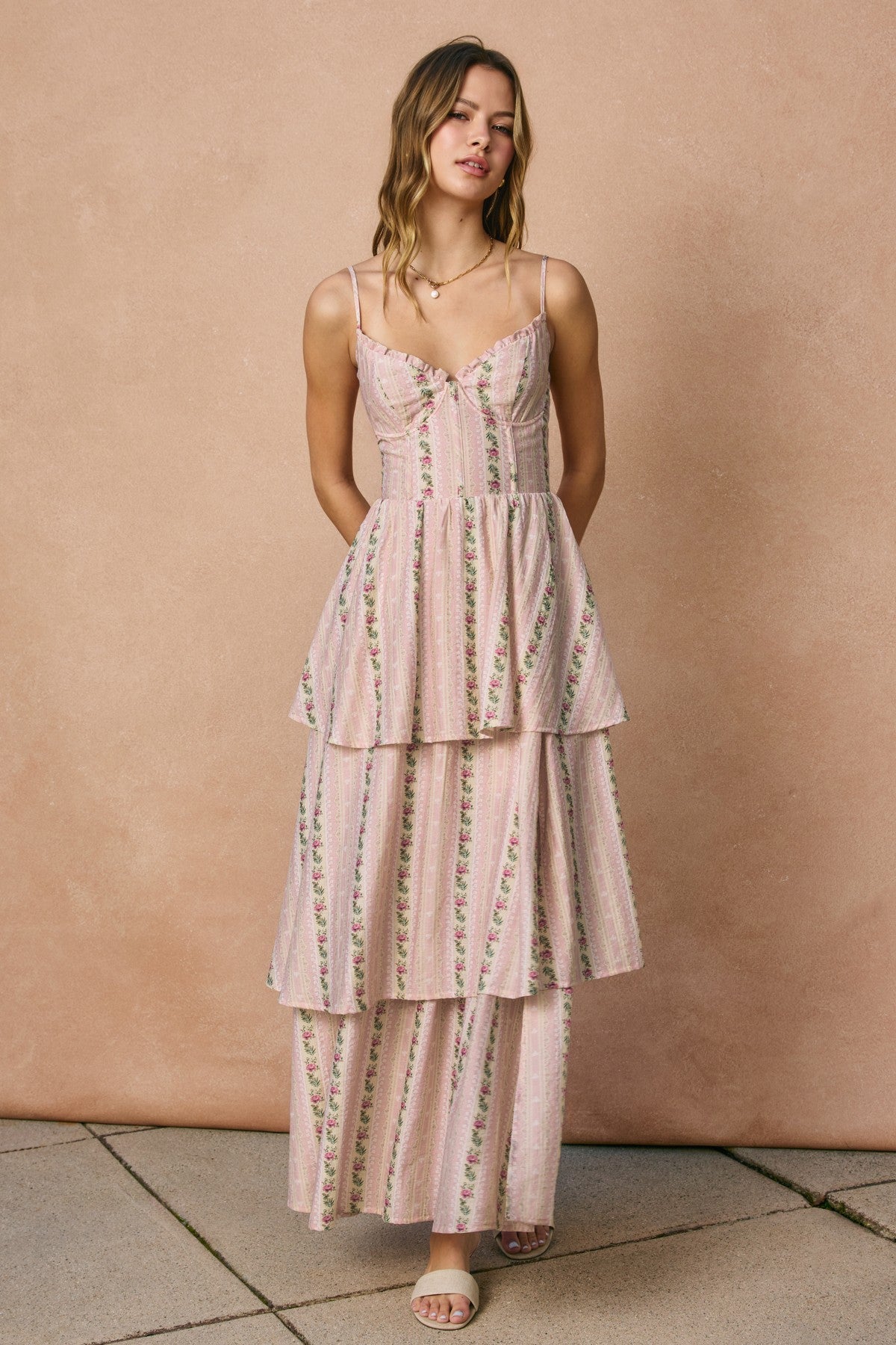 Garden Rose Corset Tiered Midi Dress