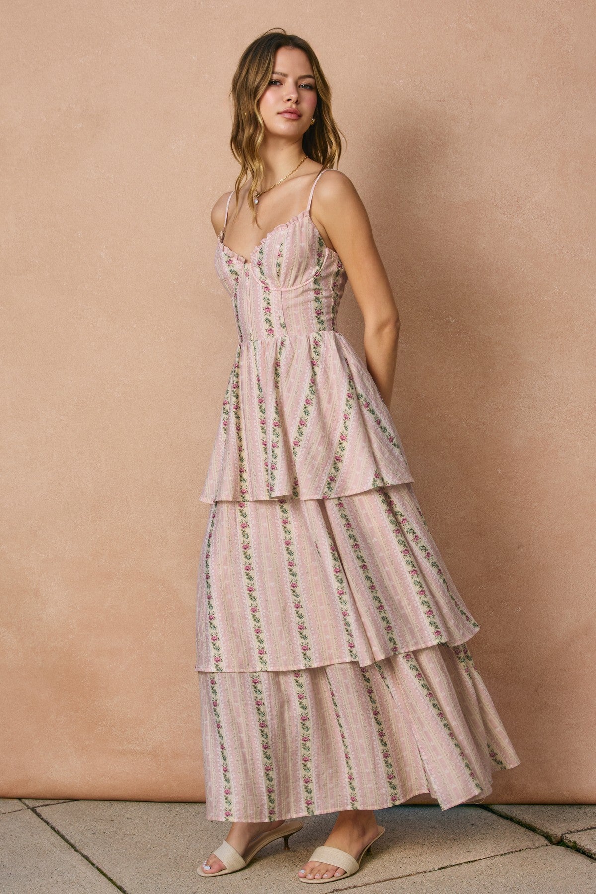 Garden Rose Corset Tiered Midi Dress