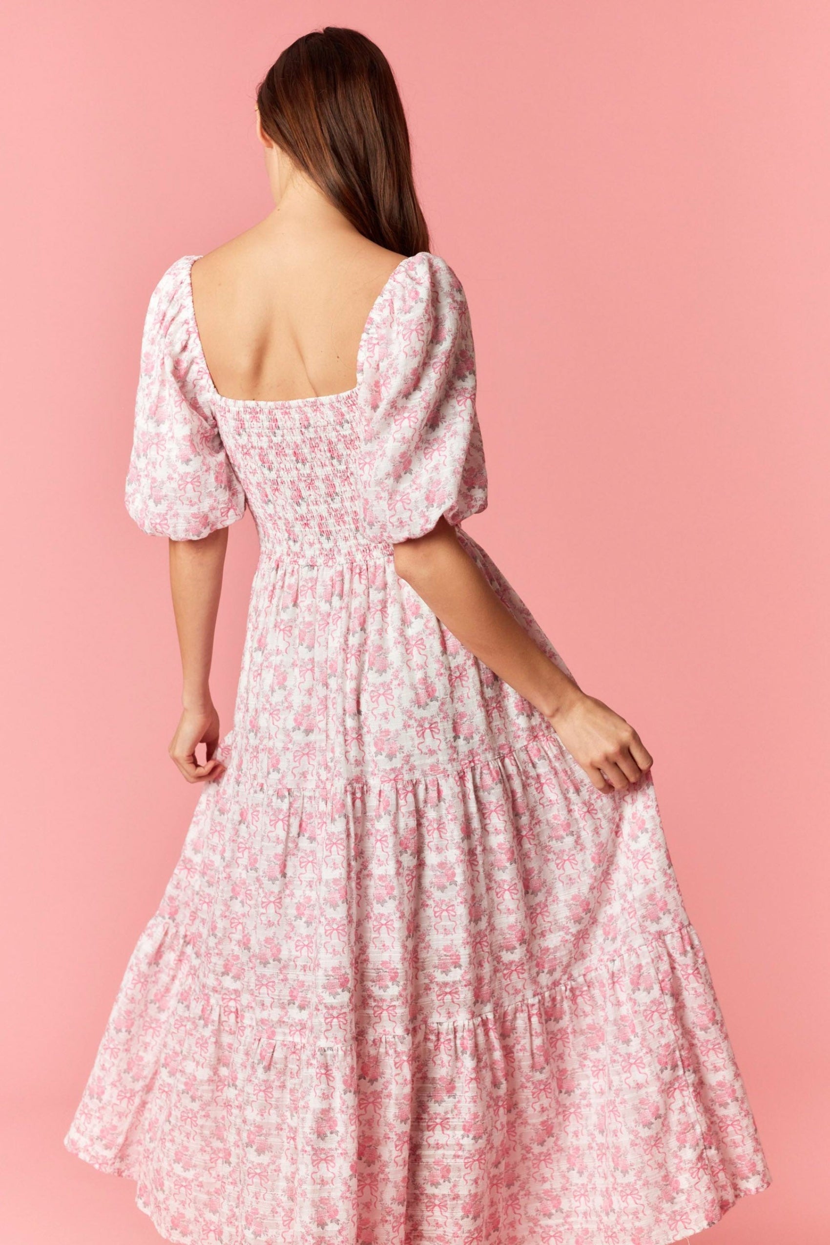 Charlotte Floral Bow Print Smocked Midi Dress - Off White and Pink