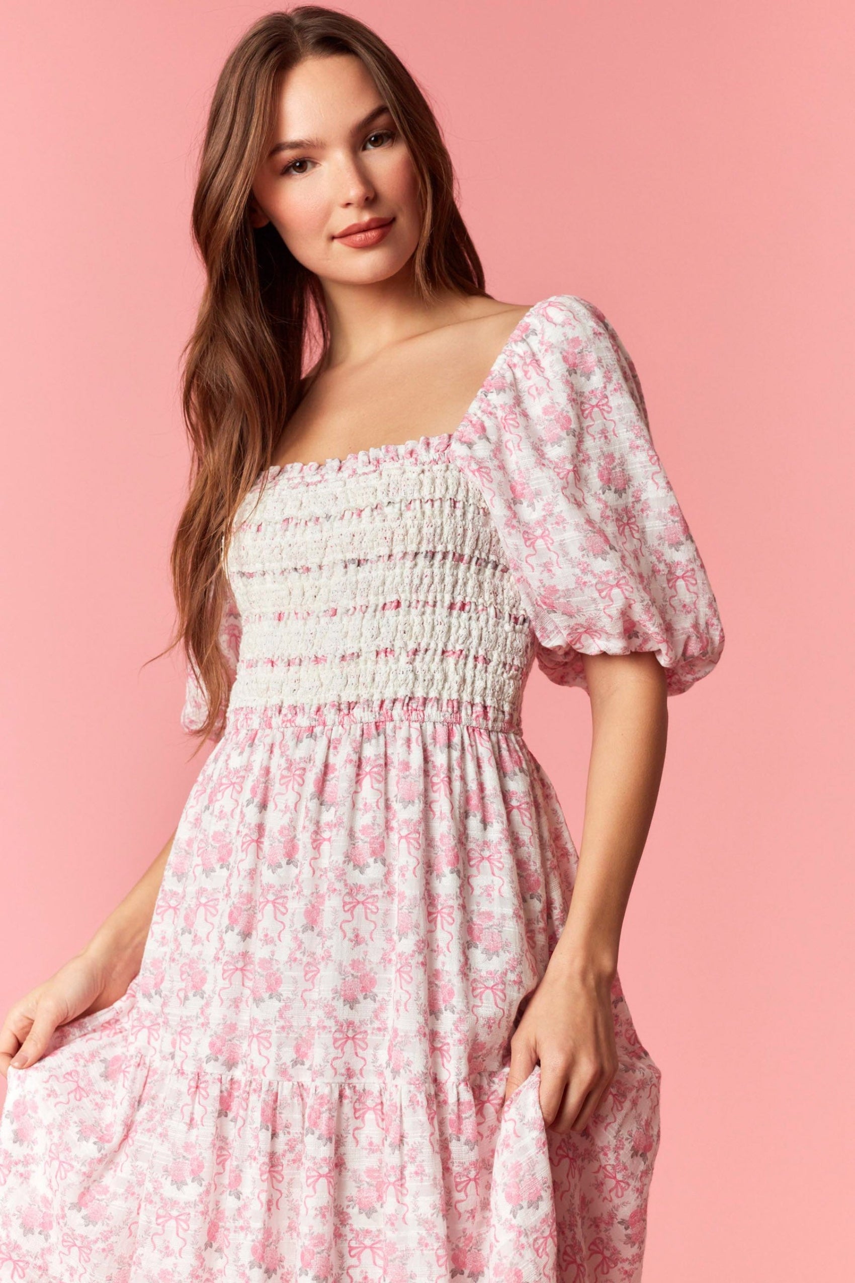 Charlotte Floral Bow Print Smocked Midi Dress - Off White and Pink