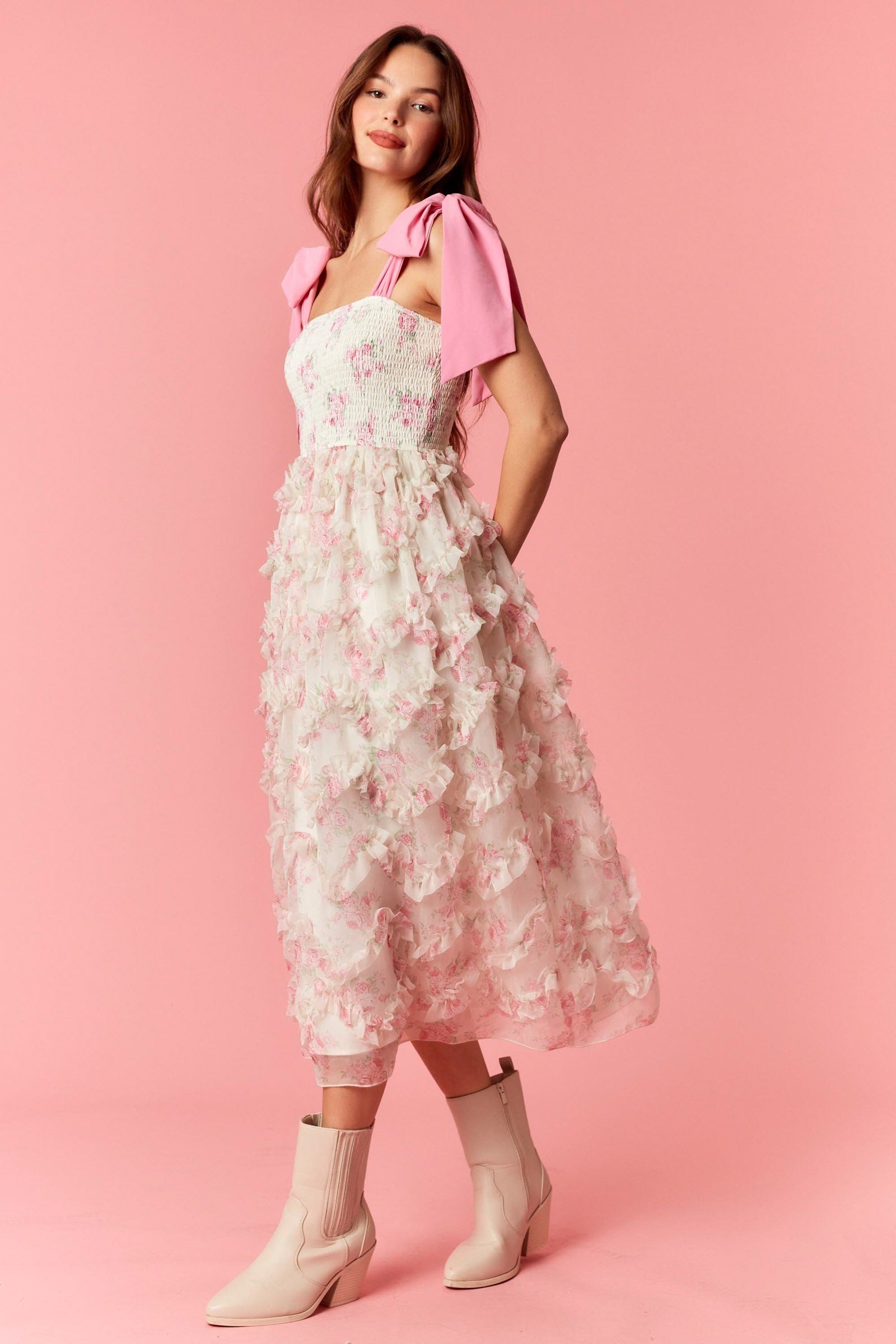 Floral Smocked Ruffle Organza Midi Dress - Pink