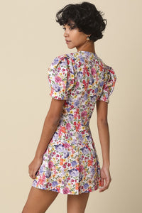 Penelope Floral Puff Sleeve Mini Dress - White Multi