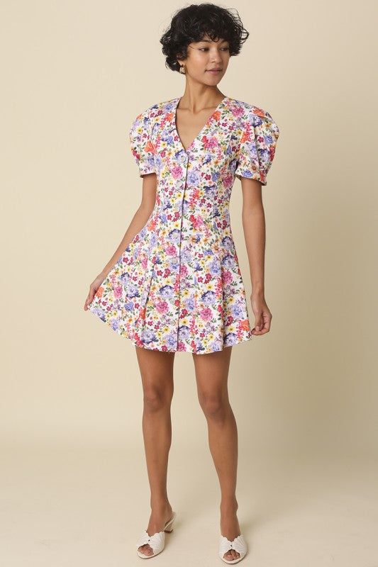 Penelope Floral Puff Sleeve Mini Dress - White Multi