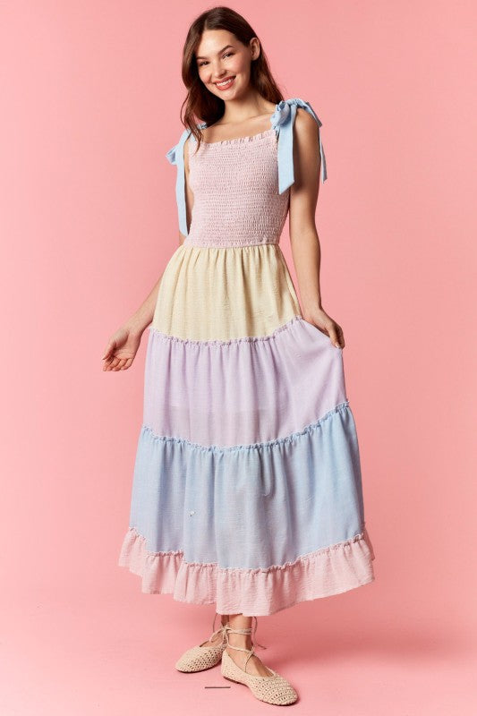 Pastel Colorblock Tiered Maxi Dress