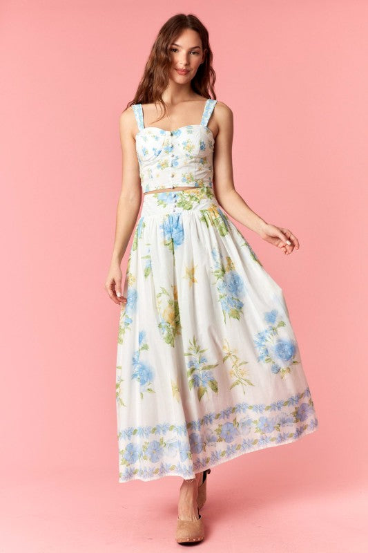 Summer Bliss Floral Two Piece Skirt Set - Blue and White