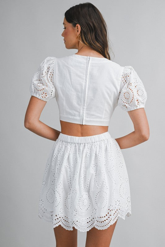 Isla Bow Eyelet Mini Dress - White
