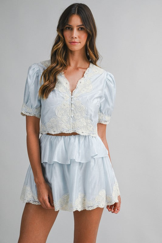 Simone Scalloped Lace Trim Two Piece Skirt Set - Blue