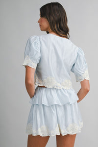 Simone Scalloped Lace Trim Two Piece Skirt Set - Blue