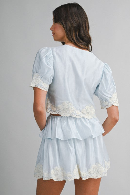 Simone Scalloped Lace Trim Two Piece Skirt Set - Blue